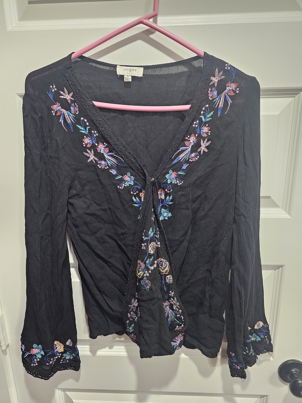 Umgee Black V-Neck Embroidered Floral Women's Top
